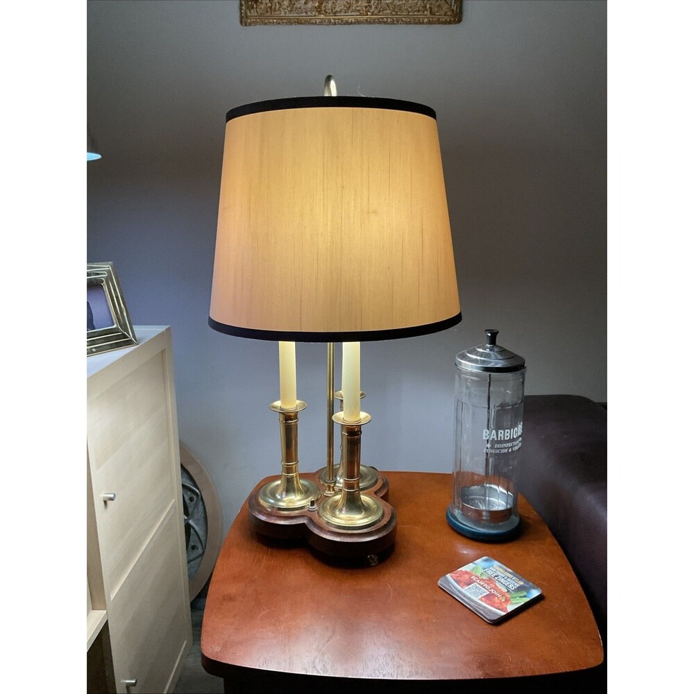 Vintage Lamp Brass French Bouillotte Candlestick Table 3 Way W/ Shade. 23.5”x8”